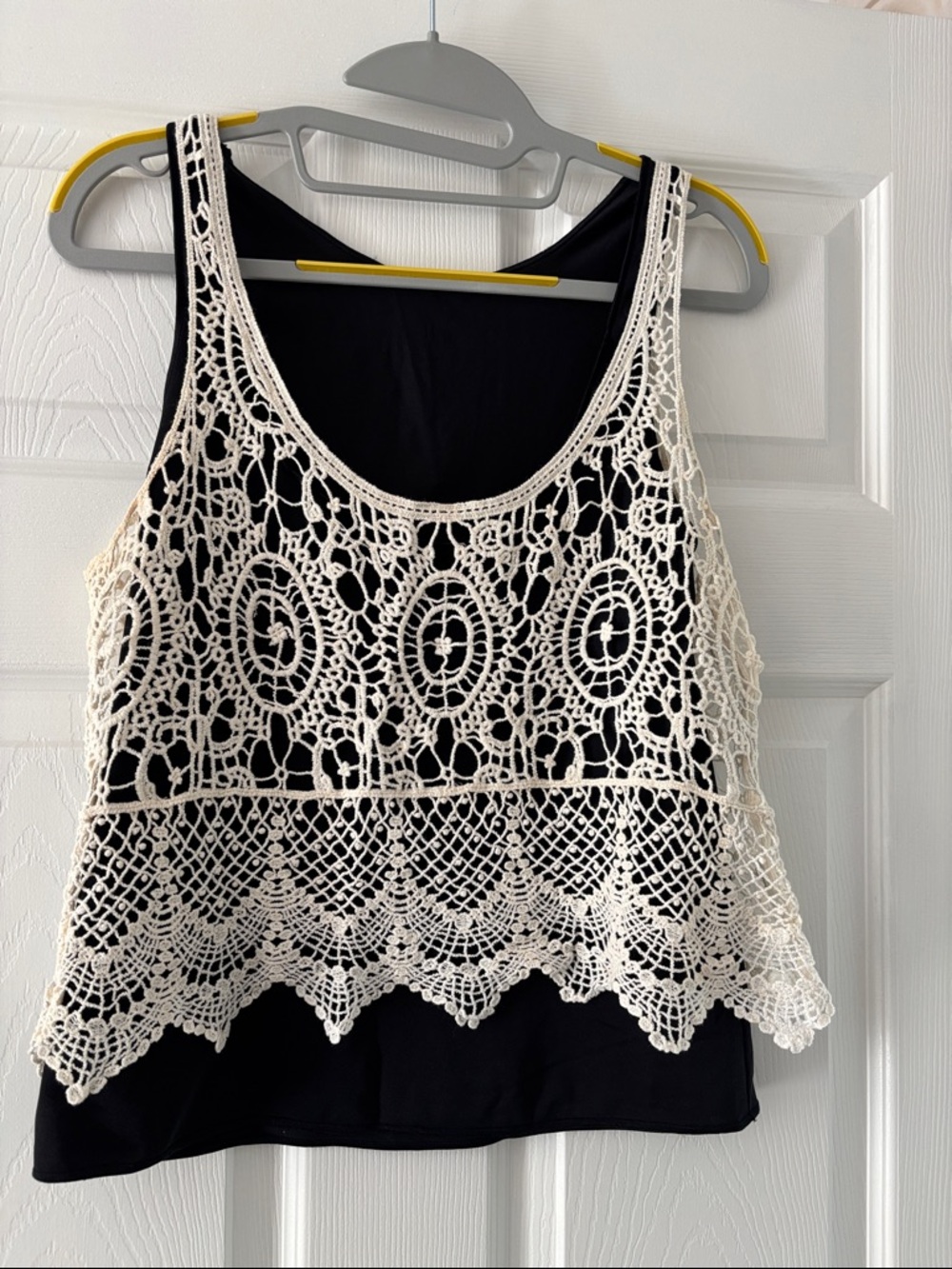 Crochet Overlay Tank Top - Black with Cream Crochet